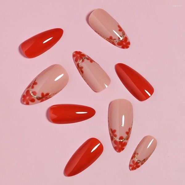 Faux ongles 24 pièces/boîte acrylique amande presse sur mode couverture complète avec des dessins fleur rouge ongles conseils moyen fausse fille