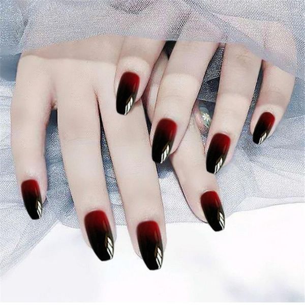 Uñas postizas 24 unids/caja artificiales con pegamento negro-rojo degradados desgaste largo párrafo moda manicura parche correos prensa en chica Prud22