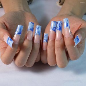 Valse nagels 24 -stcs/doos blauwe golf Frans nep Long Ballet herbruikbare volledige hoes manicure tip decoratie afneembare pers op nagel met lijm