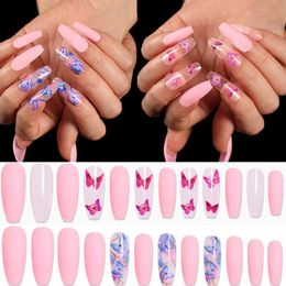 Valse nagels 24 -stcs/doos vlinderpatroon/gradiënt kleur nep lange stiletto kist druk op buik nail art tips manicurefalse