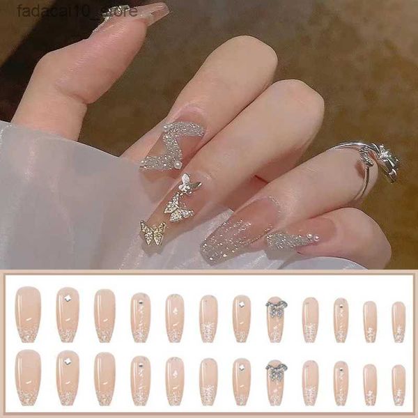 Faux ongles 24 pièces/boîte papillon strass Nail Art portable détachable presse sur faux ongles conseils avec colle Super brillant mode fini ongles Q240122