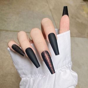 Faux ongles 24 pièces/boîte détachable paillettes noir longue ballerine portable cercueil faux couverture complète ongles conseils appuyez sur Prud22