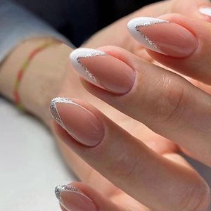False Nails 24pcs/Box Fake French Manicure Nail Art Oval Head White And Silver Rim Design Artificial With Glue Faux Ongles
