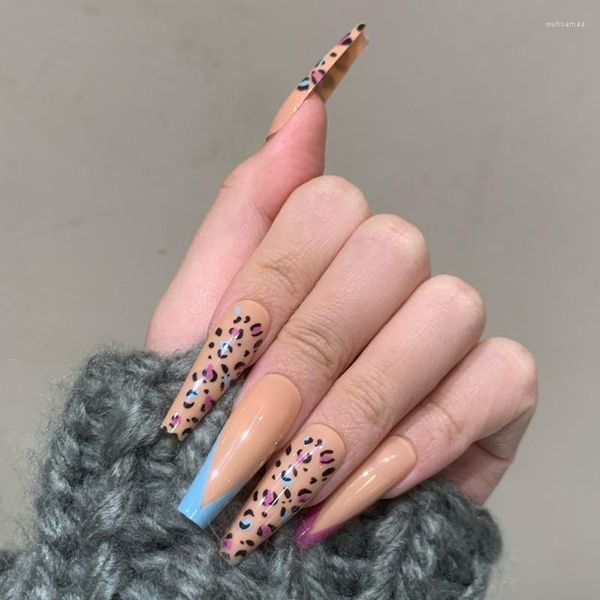 Uñas postizas 24 unids/caja falsas con estampado de leopardo diseñado elegante gel de uñas de ataúd de bailarina larga