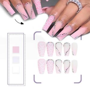 Valse nagels 24-stcs/doos Fashion Pink 3D Nail Decor Sticker met Rhinestone Press-on Manicure Zelfklevend DIY Prud22