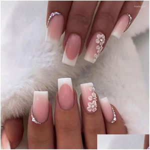 Valse nagels 24 -stcs/doos bloem nep druk op korte vierkante kop Franse tips nagelset met 24 -stcs lijm sticker art drop levering gezondheid b dhkhq