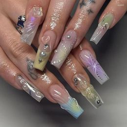 Valse nagels 24 -stcs/doos Franse stijl 3D kleurrijke draagbare nagelstukken bloeiende vlinder vierkante manicure