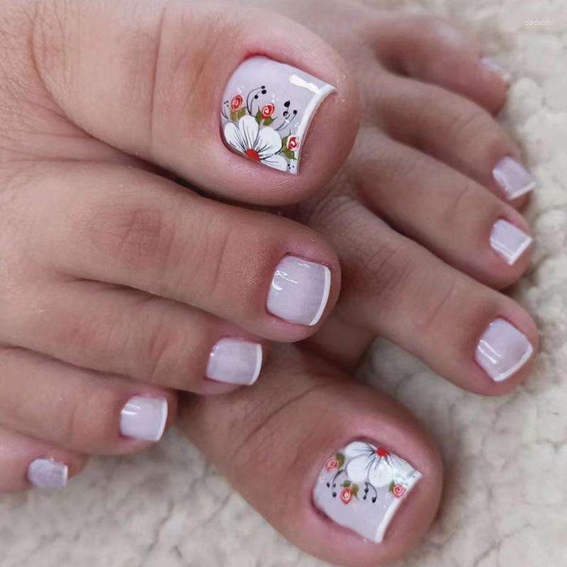 False Nails 24pcs/Box Ins Flowers Toe Fake Nail Full Cover French Style Summer Flower Design Beach Acrylic Press On Patch For Women