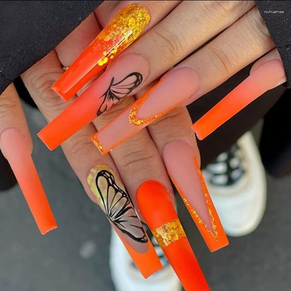 Falsas Nails 24 unids / caja Ballet largo Falso con pegamento Naranja Mariposa Oro Diseño en polvo Ins Europeo Prensa desmontable en puntas de manicura