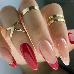 Faux ongles 24 pièces/boîte longue forme d'amande portant des paillettes rouges français avec presse adhésive sur les pointes d'ongles artificielles rondes