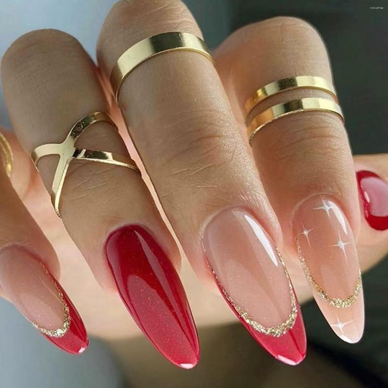 Falska naglar 24 st/låda lång falsk mandelform som bär rött glitter franska med limpress på runda konstgjorda nagelspetsar