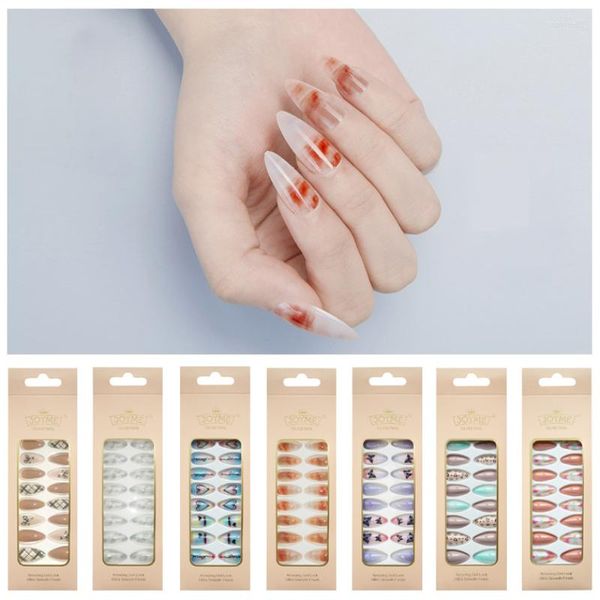 Uñas postizas 24 unids/caja Stiletto mediano y largo almendra americana europea parches de uñas extraíbles mariposa leopardo falso