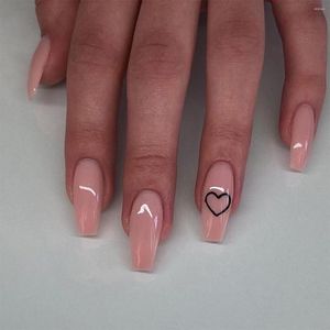 Faux ongles 24 pièces/boîte de longueur moyenne filles ballerine couleur rose nue conception avec motif de coeur bricolage artificiel faux ongles à la main