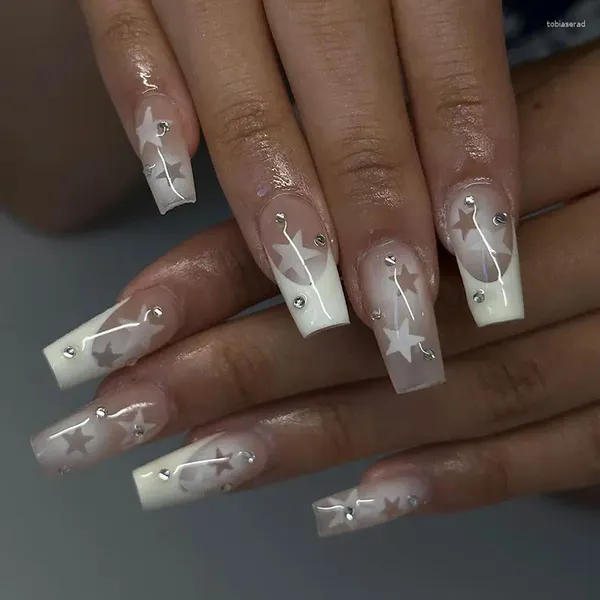 Uñas falsas 24 piezas/caja vendiendo uñas portátiles estrella de cinco puntas francés blanco diamantes esmalte impermeable h lastiding h de larga duración