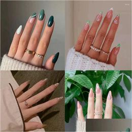 Kunstnagels 24 stks / doos Damesmode Kunstmatige Fl Er Afneembare nageltips Draagbaar Glitter Amandel Franse nep Drop Delivery Gezondheid Bea Otxmg