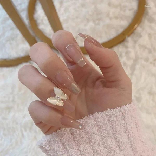 Uñas postizas 24 piezas Mariposa decorada Diseños de diamantes de imitación Corto Stiletto Falso Cubierta completa Acrílico para uñas de niñas