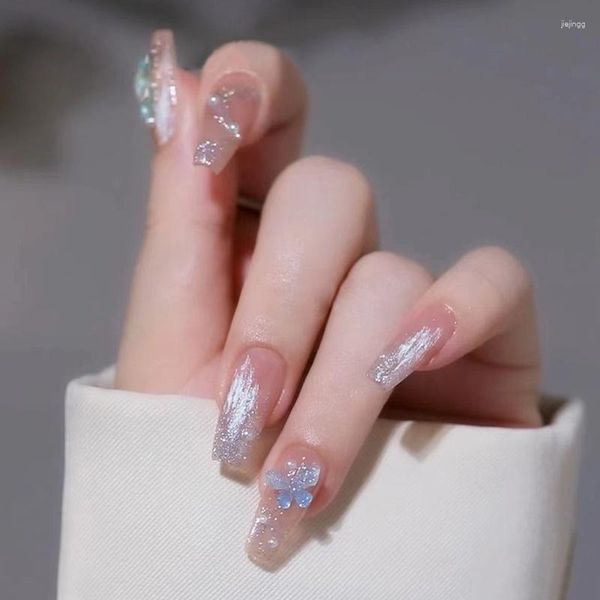 Uñas postizas 24 piezas mariposa transparente falso diseño de diamante roto arte cobertura completa Artificial impermeable prensa en uñas
