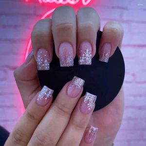 False Nails 24pcs Christmas Fake Glitter Snowflake Design Square Head French Nail Set Press On Waterproof Faux Fingernails