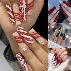 Valse nagels 24 stks Kerstmis nep Long Coffin Ballerina Snowflake Franse glitter Volledige dekking Press op DIY Manicure Nail Tips