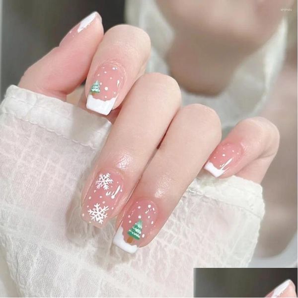 Uñas postizas 24 piezas Navidad cabeza cuadrada falsa prensa de uñas francesa en diamantes de imitación uñas falsas impermeables entrega de gota salud belleza A Otbie