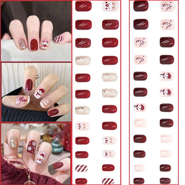 Faux ongles 24pcs Noël Nail Décor artificiel Appuyez sur avec des dessins Conseils carrés Manucure Couverture complète Faux