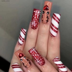 Valse nagels 24 stks kerst super lange valse nagels vierkante rode sneeuwvlok elanden ontwerp nep nagels xmas afneembare volledige deksel pers op nageltips y240419