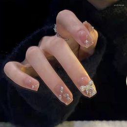 Valse nagels 24 -stks Coffin 3D Gold Bow Rhinestones Decor Press op draagbaar manicure gereedschap bruid mode nep nagelspatch