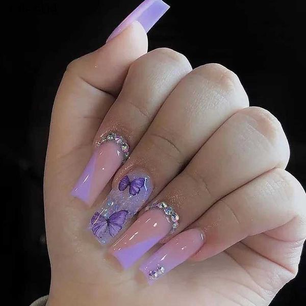 Uñas postizas 24 piezas de uñas postizas de ataúd, diseños de mariposas moradas, uñas postizas con diamantes de imitación brillantes, cubierta completa francesa usable, prensa en las uñas YQ231115