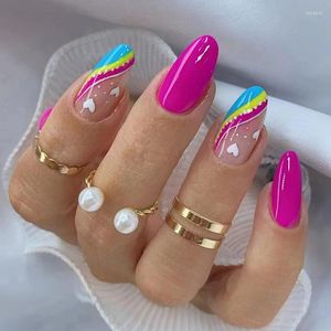 Uñas postizas, 24 Uds., conjunto francés colorido, prensa en Stiletto largo, almendra usable, falso con diseños de rayas, puntas de uñas de cobertura completa