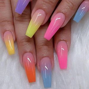 Uñas postizas 24 uds, Color degradado colorido, bailarina brillante, cubierta completa, diseño superlargo falso, usable para puntas de uñas para niñas