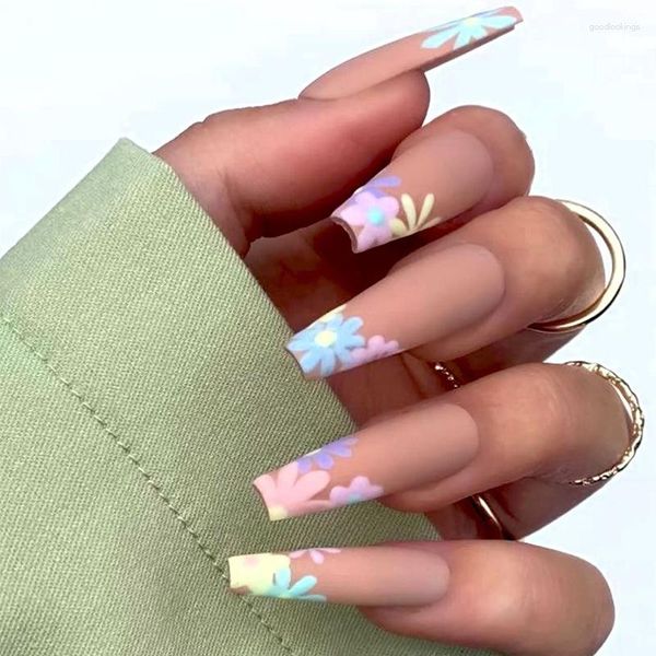 Uñas postizas, 24 Uds., diseño de flor de Ballet largo colorido, prensa de ataúd usable en la cubierta completa, parche para puntas de uñas, acrílico falso