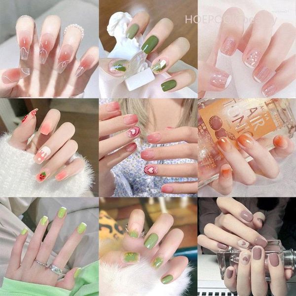 Uñas postizas 24 Uds. Ataúd redondo corto colorido falso con pegamento cubierta completa arte impermeable reutilizable acrílico prensa en juego de uñas