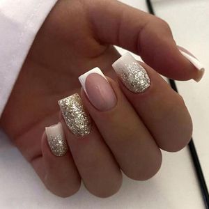 Uñas postizas 24 piezas Nials falsos desmontables DIY borde blanco cuadrado largo francés