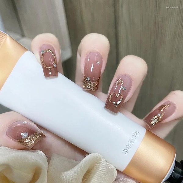 Falsas Nails 24 unids Desmontable Francés Wearable Falso Cubierta completa Consejos de uñas con diseño de lámina de oro Presione en