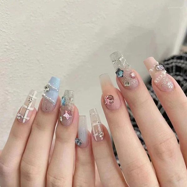 Falsas Nails 24 unids Degradado Desmontable Rosa Azul Con Diamante Coreano Lindo Pegamento Artificial Largo Ballet Press On