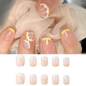 Faux Ongles 24pcs Manucure Détachable Appuyez Sur DIY Court Carré Français Jaune Citron