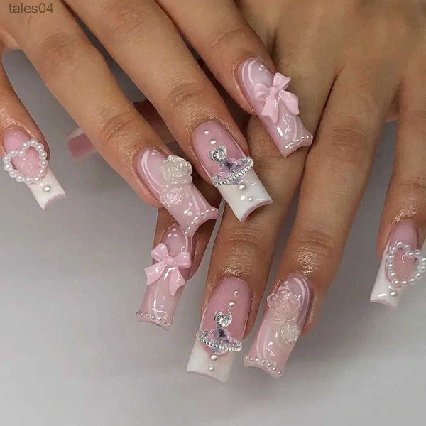 Uñas postizas 24 piezas Desmontables XL Bailarina flor uñas artificiales con diseños Cubierta completa Juego de uñas postizas francesas presione sobre uñas postizas de diamante YQ231115