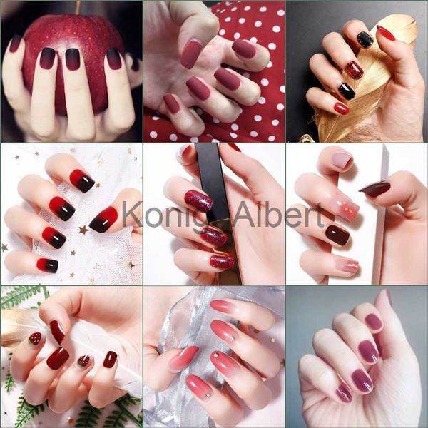 Uñas postizas 24 piezas Elegante vino rojo Navidad Año nuevo Uñas postizas Presione en las uñas Puntas de uñas artificiales con pegamento adhesivo Imitación Ongles Unhas Regalo x0822