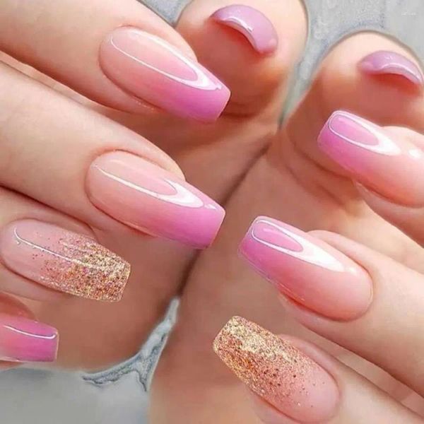 Uñas postizas 24 piezas se desvanecen rosa brillo falso usable cabeza cuadrada uñas cubierta completa longitud media estilo francés mujer niña