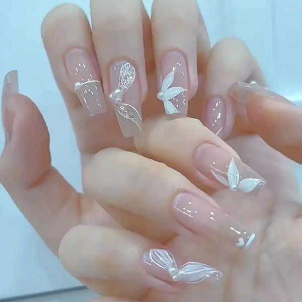 Uñas postizas 24 Uds. Uñas postizas de ballet largas francesas con diamantes de imitación de perlas, uñas postizas impermeables con ojo de gato