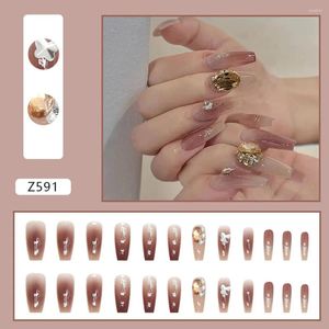 Faux ongles 24 pièces faux français longueur moyenne ballerine diamant Nail Art couverture complète courte rose presse sur cercueil 3D réutilisable