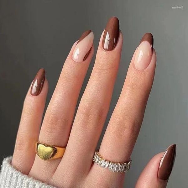 Uñas postizas 24 Uds. Parche de mejora de café marrón francés extraíble y adhesivo Material profesional 2023 tendencias de mujer