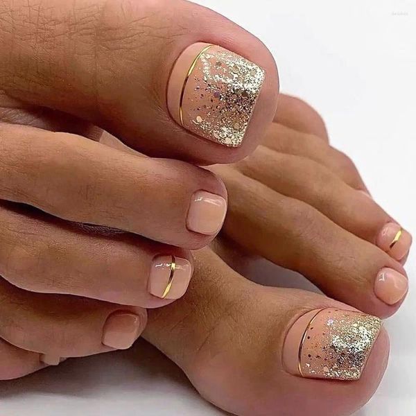 Faux ongles 24pcs faux ongles orteils français couverture complète des lignes d'or