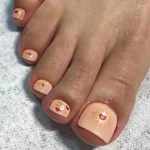 Uñas postizas, 24 Uds., uñas postizas para los pies con corazón, Color dorado, diseño de estrella, verano, prensa desmontable en acrílico, puntas para uñas de los pies de manicura G073