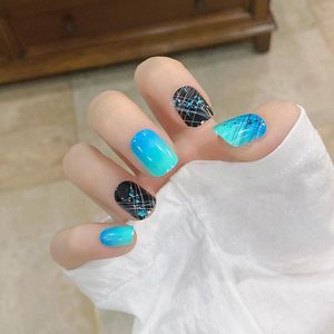 Faux ongles 24 pièces faux avec colle bleu-vert dégradé noir blanc ligne mince paragraphe court résistant à l'usure presse sur DL