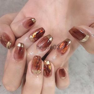 Uñas postizas 24 piezas Uñas postizas Francés Oro Café Color Ataúd Parche de uñas falsas Uñas de cubierta completa portátiles para niña Presione en puntas de uñas Venta al por mayor x0703