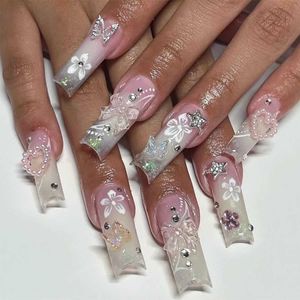 Uñas falsas 24pcs uñas falsas flor ataúd larga con prensa de diamantes de imitación en cuadrado portátil Diseño francés cubierta completa punta de uñas falsas T240507