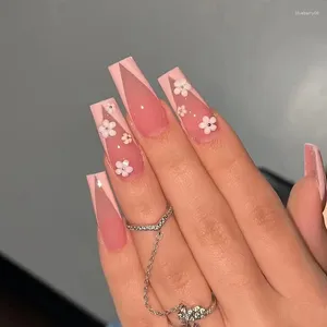 Falsas Nails 24 unids Moda Gyaru Super Long Fake Terminado Ballet Wearable Pink Press en cuadrado con flores Z573