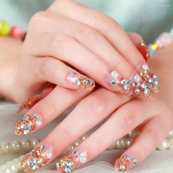 Faux ongles 24 pièces mode ongles amande ellipse tête paillettes couverture complète cristal fleur diamant faux avec colle Art accessoire