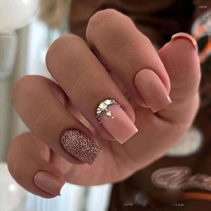 Valse nagels 24 -stcs mode kort vierkant Franse glitter kristal volledige hoes afneembare nageltips